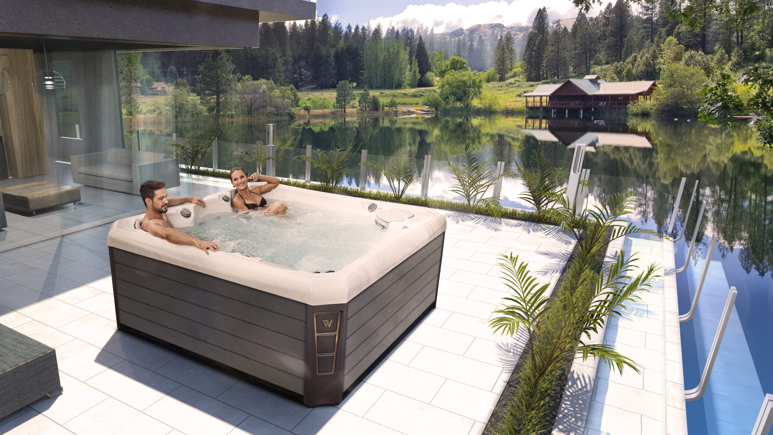 Jacuzzi exterior cu vedere spre lac
