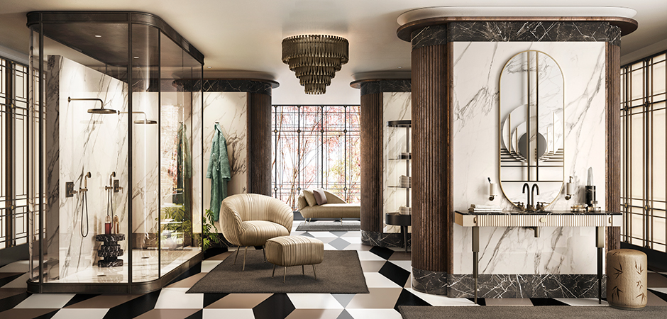 Baie de lux Gessi Venti20 cu duș walk-in și marmură